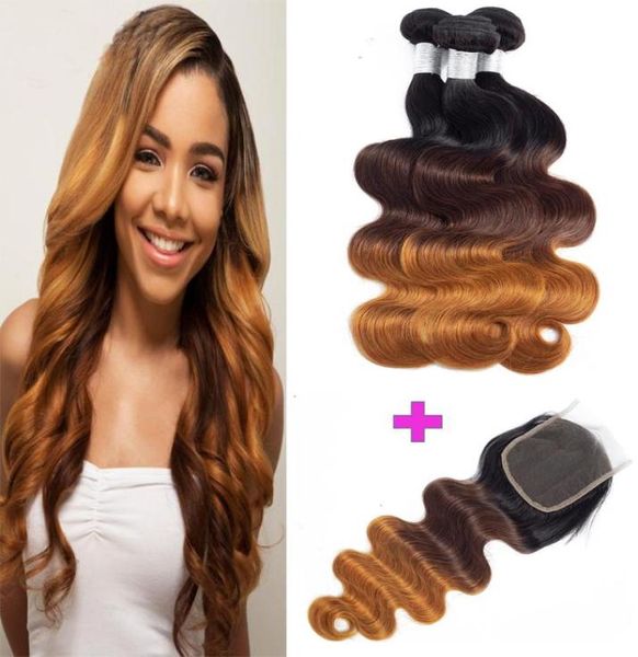

brazilian body wave hair with closure ombre color peruvian malaysian indian virgin human hair bundles with 4x4 lace closure 828in1083024, Black;brown