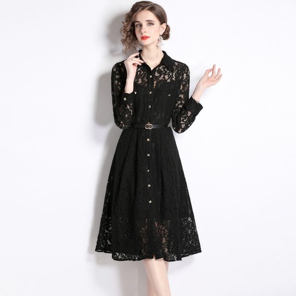 

2023 new summer european station fashion women's cardigan dress long sleeve lapel single-breasted lace dress e011, Black;gray
