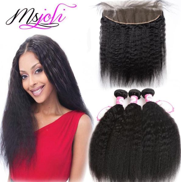 

brazilian human hair with frontal 13x4 lace frontal unprocessed natural hair ear to ear kinky straight yaki hair weaves 3 bundles 2945333, Black;brown