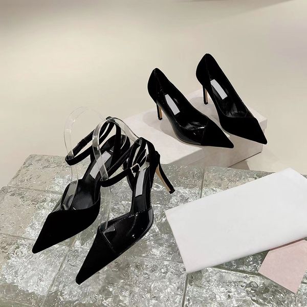 

designer high heels luxury brand women's sheepskin patent leather splicing modern elegant heel height 9cm banquet dress wedding shoes s, Black