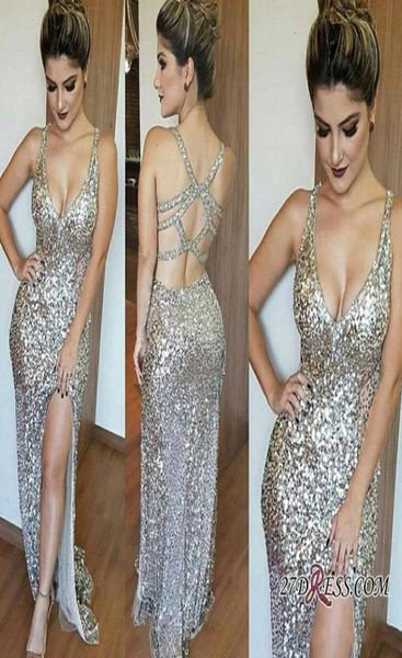 

silver sequined mermaid lace prom dresses deep v neck spaghetti straps high side split formal backless evening gowns3756578, Black