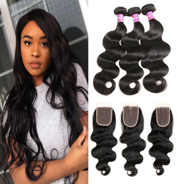 

grade 10a brazilian virgin human hair body wave 3 bundles with 4x4 lace closure middlethree part natural color 8151030, Black;brown