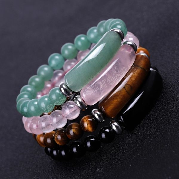 

8mm natural stone strand beads bracelet women girls reiki healing pink quartz aventurine agates rose crystal rectangle bar charms bracelets, Golden;silver