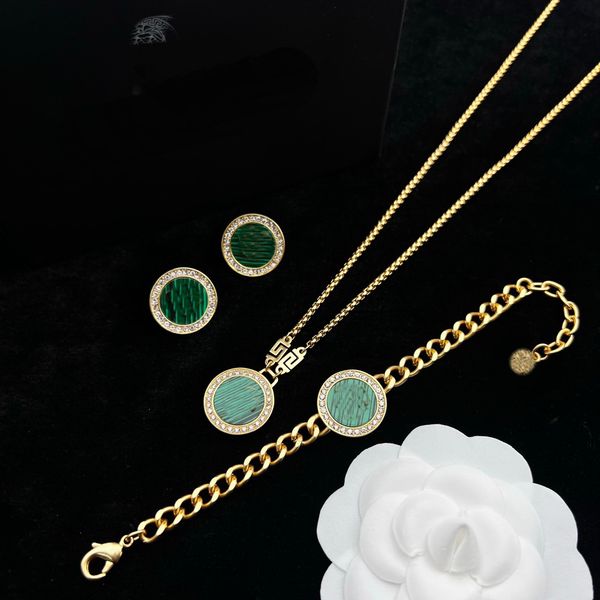 

green enamel signet pendant necklace bracelet earring ear studs letter banshee 18k gold plated designer jewelry women's men's birt, Black