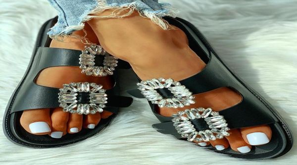 

women flat slides summer bling crystal slip on slippers ladies buckle strap shoes woman fashion casual female beach slipper 20209287653, Black