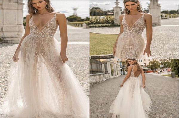 

2019 berta wedding dresses a line deep v neck backless sweep train sleeveless beach wedding dress beaded sequins vestido de n7606540, White