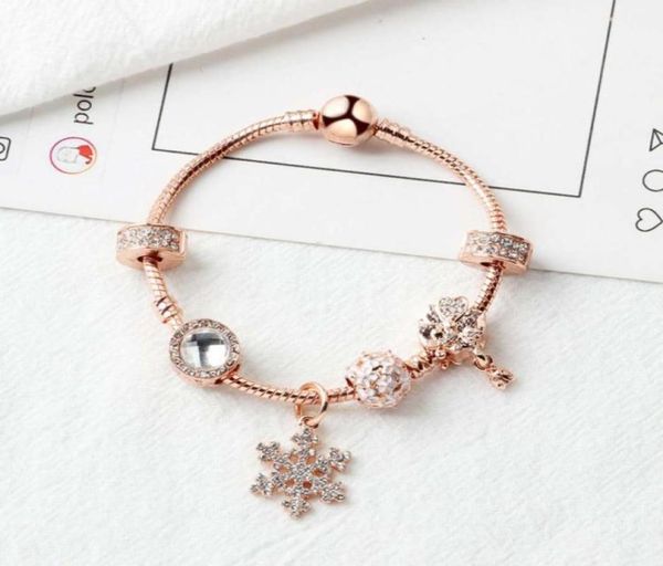 

new rose gold loose beads snowflake pendant bangle charm bead bracelet for girl diy jewelry as christmas gift89098278321456, Golden;silver