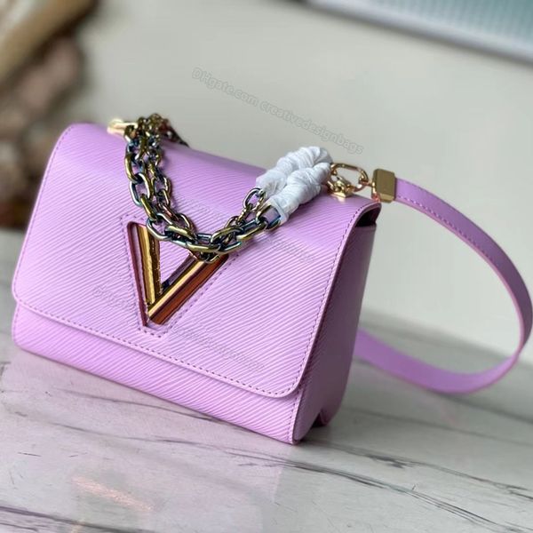 

8a shoulder bags mirror quality designer chain bag twist pm genuine grain leather scarab iridescent lock handbag flap with box pink 19cm bla