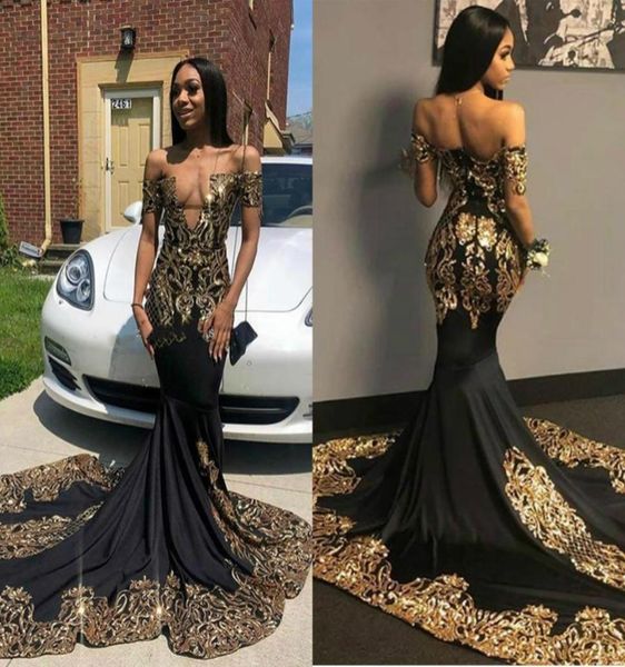 

2020 african black evening dresses with gold appliques sequins v neck short sleeve mermaid prom dress sweep train satin formal gow2501113, Black;red
