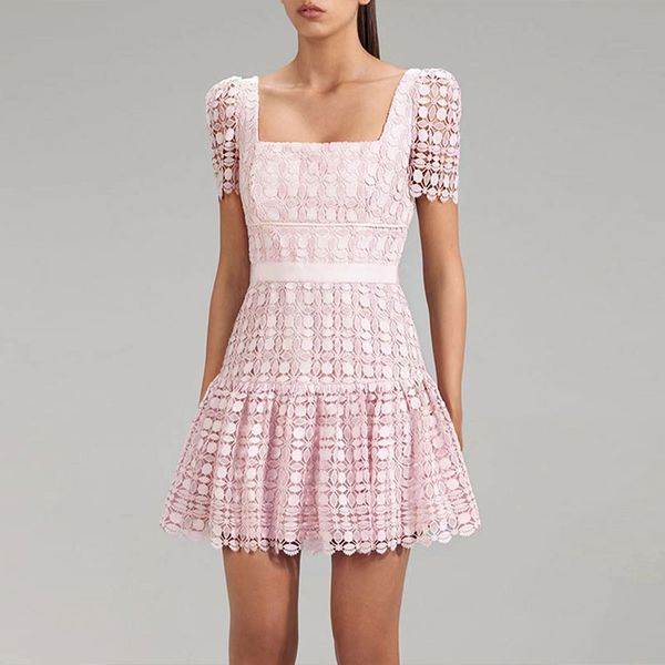 

2023 designer dress summer dress hollow out embroidery lace bubble sleeve pink waist dress dresses for women, Black;gray