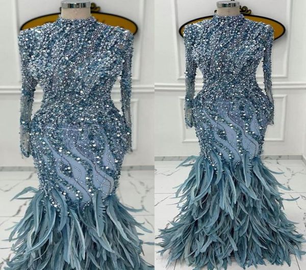 

2022 plus size arabic aso ebi luxurious mermaid feather prom dresses pearls beaded evening formal party second reception birthday 8437734, Black