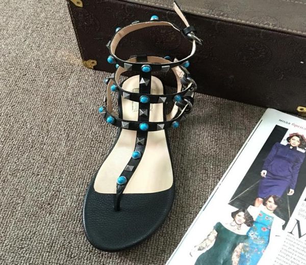 

u592 344041 genuine leather gem t strap flat sandals black beige white gladiator casual rivets4397110