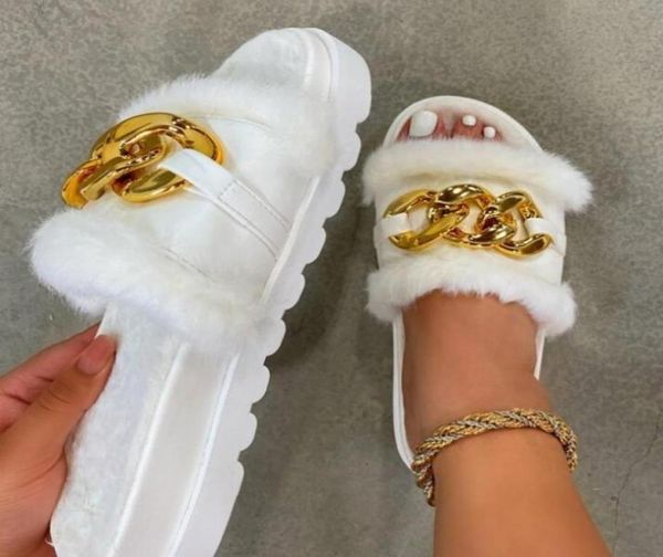 

women big gold chain slippers round head solid color flat bottom outside wear fur shoes9418259, Black