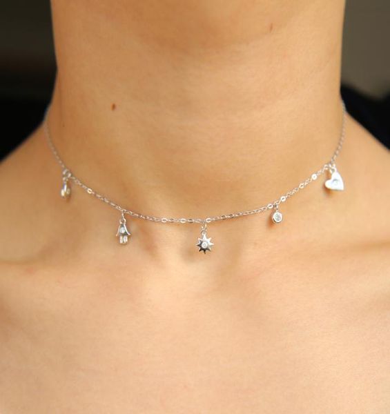 

wholelovely girl women jewelry lucky symbol charm necklace evil eye hamsa hand sun cz drop elegance 925 sterling silver choke3533942