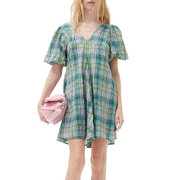 

2023 designer dress women summer dress sweet v-neck plaid bubble sleeve loose fitting dress women designer clothing, Black;gray