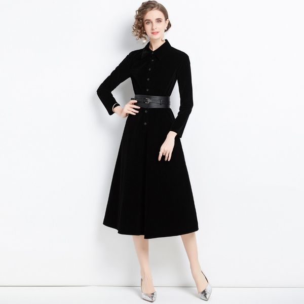 

2023 spring european fashion women's long sleeve velvet dress. a-line silhouette, button decoration. casual style in black. sizes: s, Black;gray