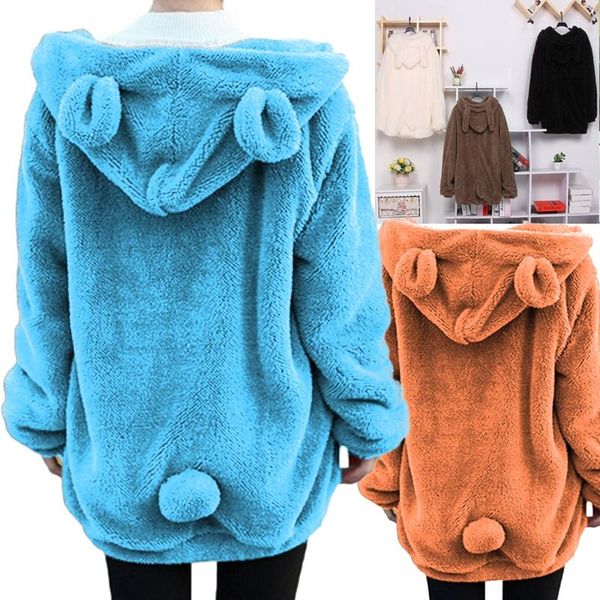 

fur zogaa women's winter loose fluffy bear ear hoodie jacket, Black