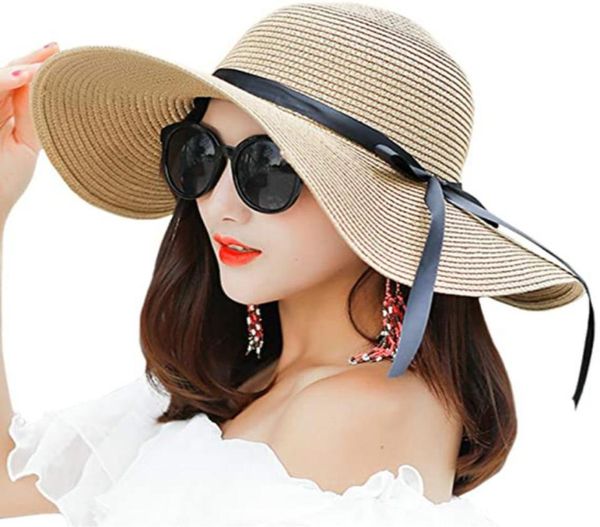 

fashion women039s big brim sun hat floppy foldable bowknot straw hat summer beach hat 10pcslot6073635, Blue;gray