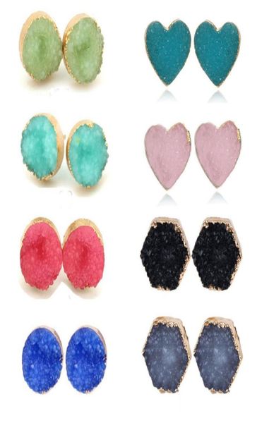 

fashion 10mm 13mm handmade druzy trendy jewelry womens simple gold filled round heart hexagon drusy wholesaling resin stone stud e4031362, Golden;silver