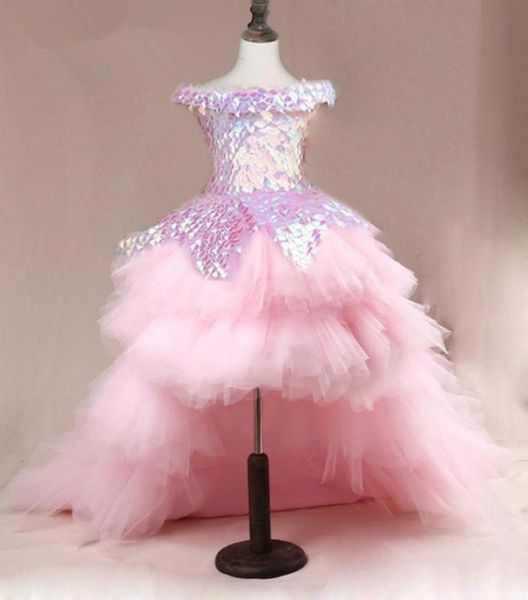 

pink sequin high low girls pageant dresses off the shoulder tulle ball gown tiered laceup back ruffle skirt puffy flower girl dre5863572, White;red