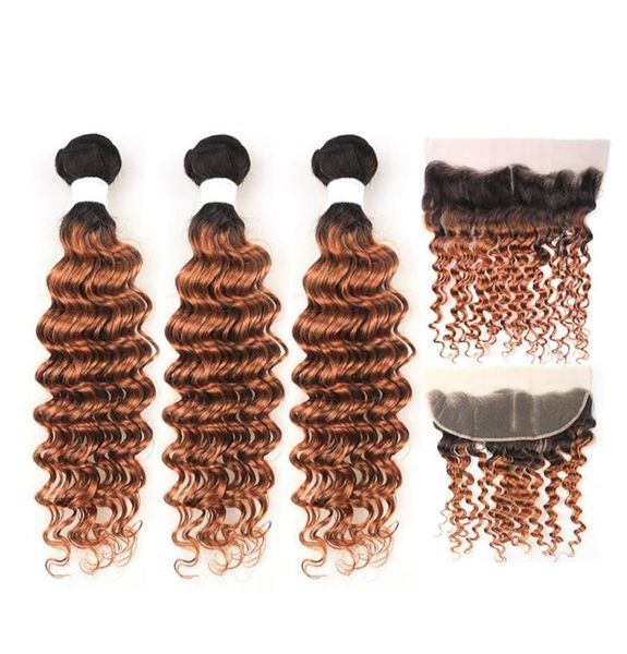 

ombre 1b30 2 tone deep wave remy human hair weave bundles with frontal 13x47097297, Black;brown