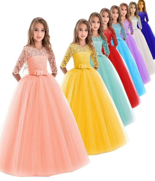

girls gown princess dress 17 colors lace mesh solid dress kids casual clothes girls party dresses long sleeve wedding flower girl 9872218, Red;yellow