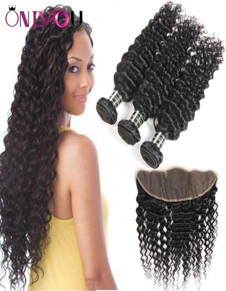 

9a grade peruvian curly virgin hair bundle deals deep wave bundles with closure 13x4 lace frontal bundles remy tape hair ext6032362, Black;brown