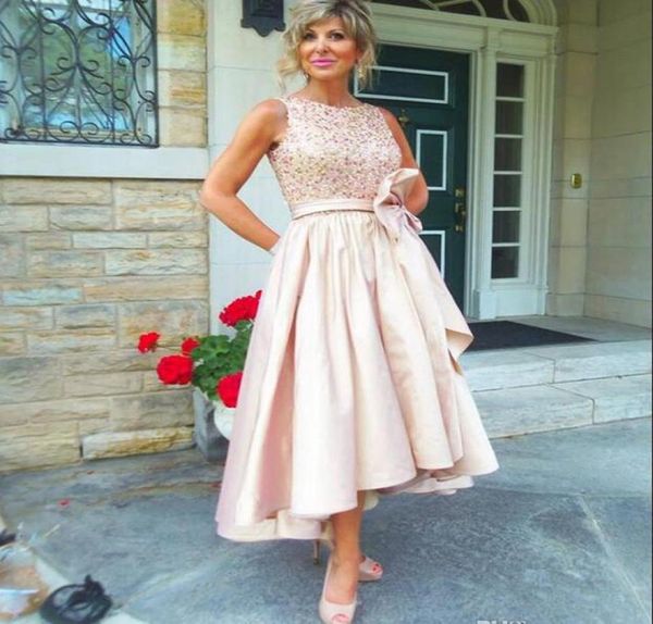

beaded tea length formal evening party dress bateau neckline ruched satin plus size mother of the bride groom dresses with bo8151334, Black;red