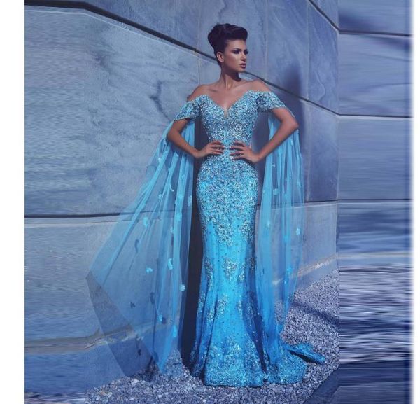 

gorgeous blue prom dresses with short sleeves major beaded appliques mermaid evening gowns arabic special occasion dress even7247709, Black