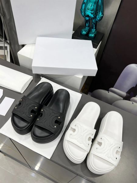 

woman slippers fashion sandals beach thick bottom slipper luxury designer platform alphabet lady leather flat slides 35-41 vhe, Black