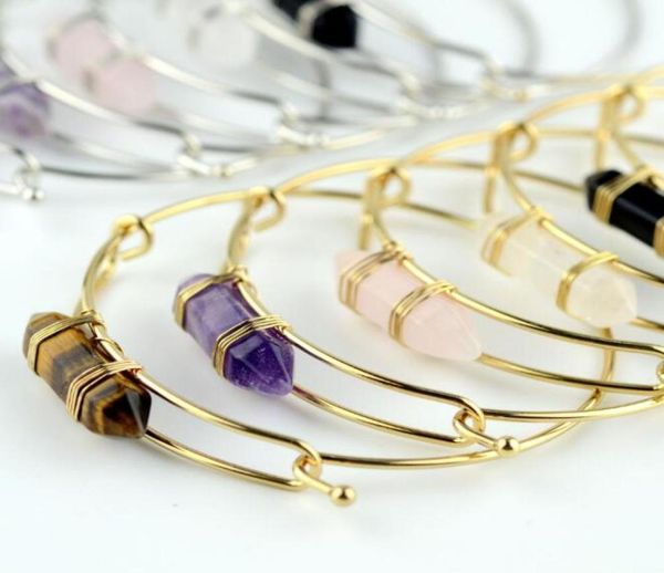 

jln hexagonal wire wrap bangle gemstone crystal quartz amethyst black onyx prism bullet shape stone bangle gift for ladies1399085, White