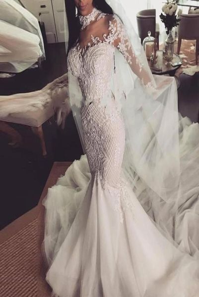 

2021 new sheer high neck mermaid wedding dresses modern lace appliques beads plus size long sleeves country garden bride robes wed4699777, White