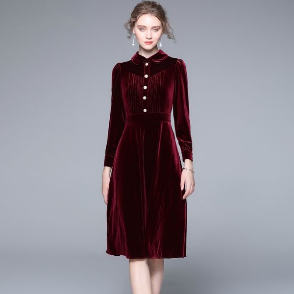 

2023 spring women's sailor collar velvet dress. long sleeve, single-breasted. a-line silhouette, mid-calf length. casual and stylish. s, Black;gray