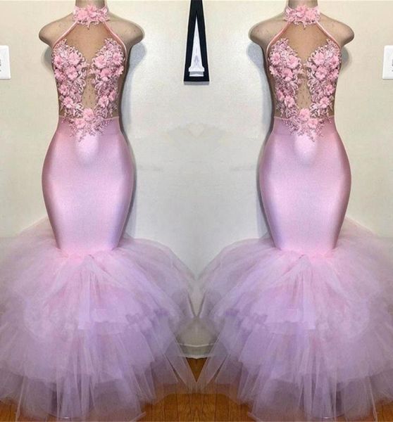 

blush pink mermaid prom dresses 2020 halter 3d flowers lace appliques evening gowns plus size african formal party dress bc39861644093, Black
