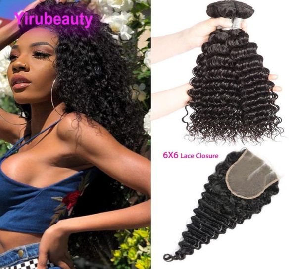 

peruvian human hair wefts with closure 6x6 with 3 bundles deep wave lace closures natural color curly4768174, Black;brown