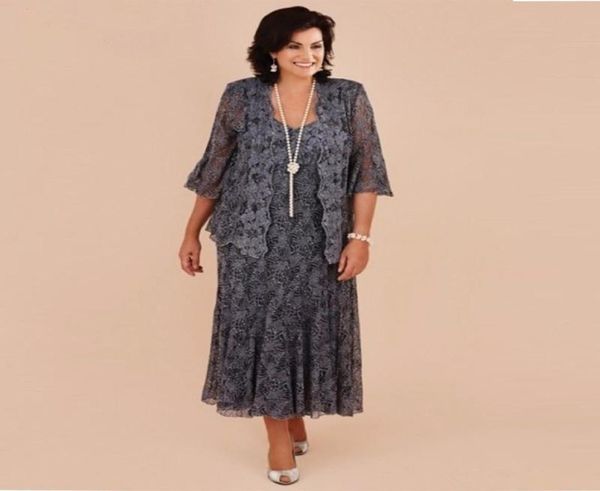 

plus size gray lace tea length mother of the bride dresses with jacket bride mother wedding party dress formal vestido de renda8424304, Black;red