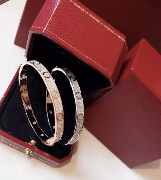 

luxury design jewelry metal love bangle bracelet stainless steel full diamond couple pattern women men sterling silver fashion clo3284298, Black