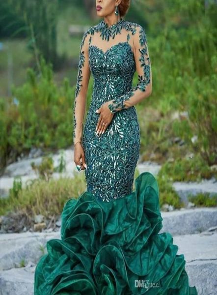

dark green long sleeve mermaid africa evening dresses sequins lace ruffle formal evening gowns sheer neck zipper back prom dress6235867, Black;red