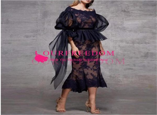

scoop neck lace peplum mermaid evening dress ruched half sleeves tea length formal party prom dresses navy blue women gowns7634453, Black