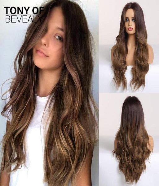 

hairsynthetic black long water wavy synthetic ombre brown middle part natural hair for women cosplay heat resistant fiber7244289