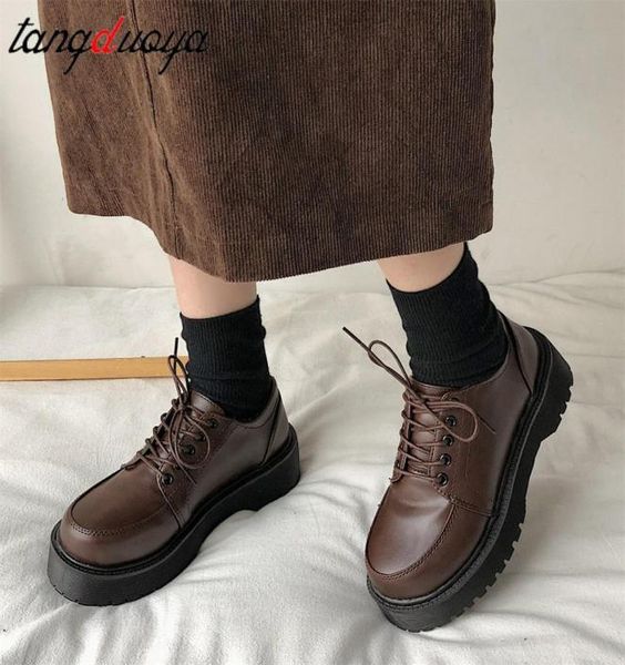 

small leather vintage shoes women 2022 autumn comfortable lace up platform oxford loafers casual college student shoes3478426, Black;white
