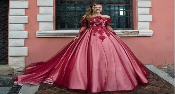

2019 luxury long sleeves prom dresses off shoulder lace 3d flowers sweet 16 open back plus size puffy prom evening gowns wear3237449, Black