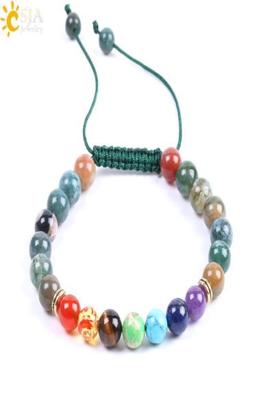 

csja 7 chakra bracelets natural stone indian agate balance bracelet bangle adjustable lace up for women men reiki healing charm je3126831, Black