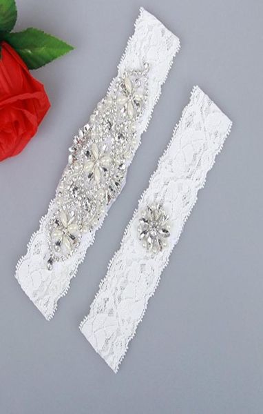 

2 pieces lace bridal garters belt set handmade rhinestones pearls vintage white wedding garters in stock1038152