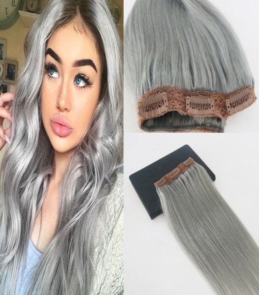 

5 clips one piece clip in human hair extensions with lace straight brazilian virgin hair pure color silver9845656, Black;brown