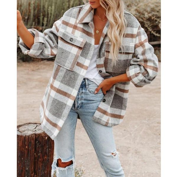 

fur winter plaid woolen coat women lapel collar long jacket single breasted loose casual shirt coats ladies outwear 2021, Black