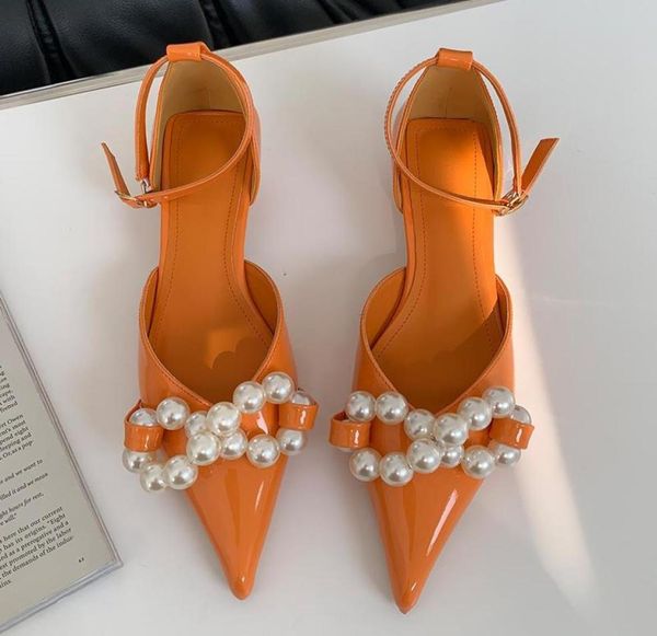 

sandals fashion 2021 women mules summer pointed toe thin high heel ladies female outside slides pearl shoes2150515, Black