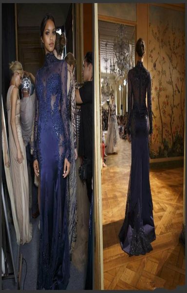 

elegant zuhair murad navy blue long mermaid evening dresses high neck lace appliques beaded illusion party prom gowns special occs2311168, Black;red