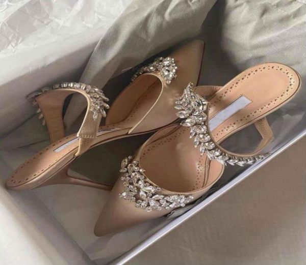 

elegant brand lurum sandals shoes for satin mules women pumps leaf crystalembellishment pointed toe lady high heels eu35427469425, Black