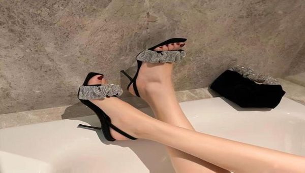 

t2021041702 black suede rhinestone sandals winkle bling shiny 6cm heels sling back genuine leather6216021